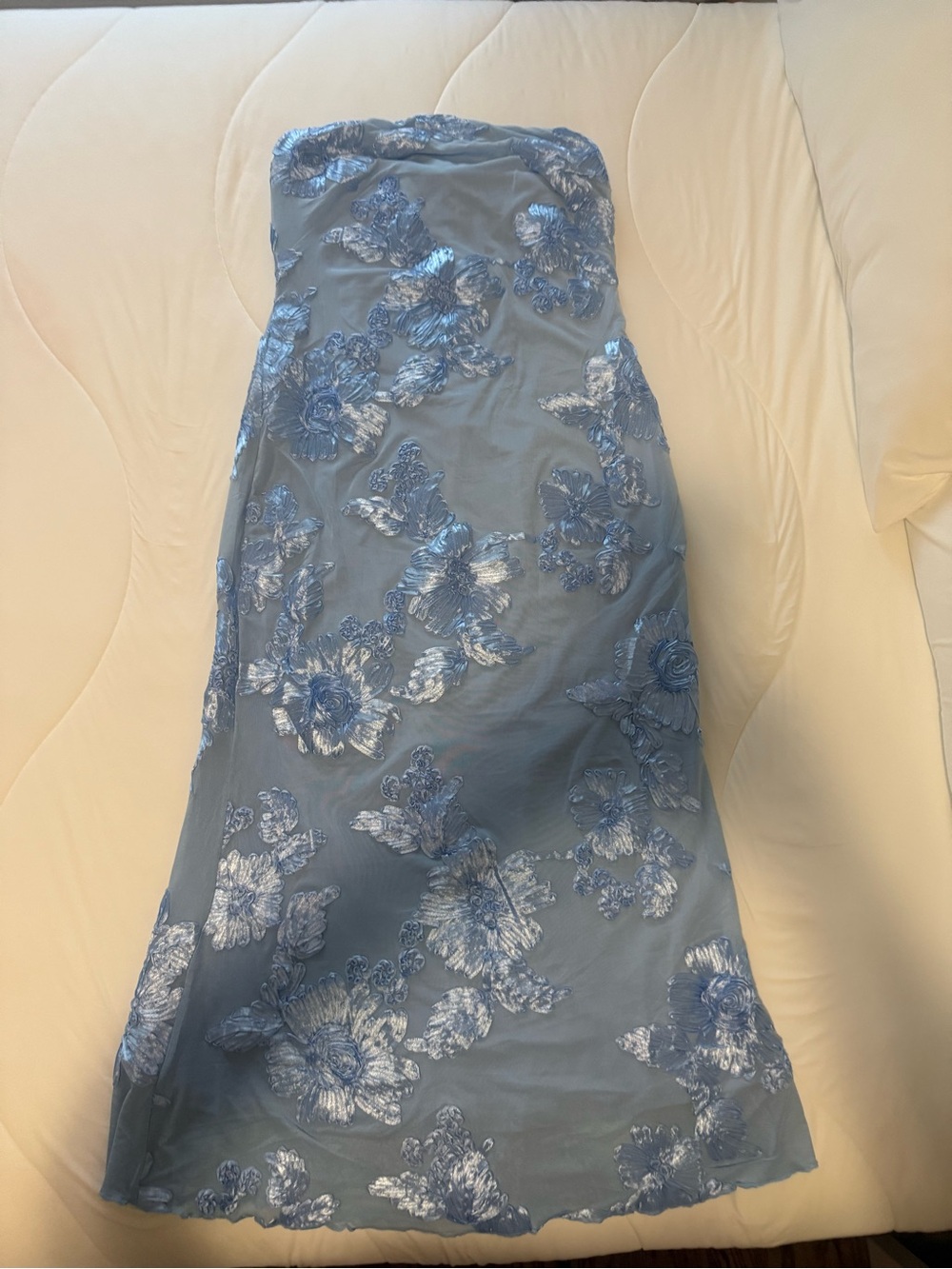 Brand New Strapless Blue Floral Embroidered Dress